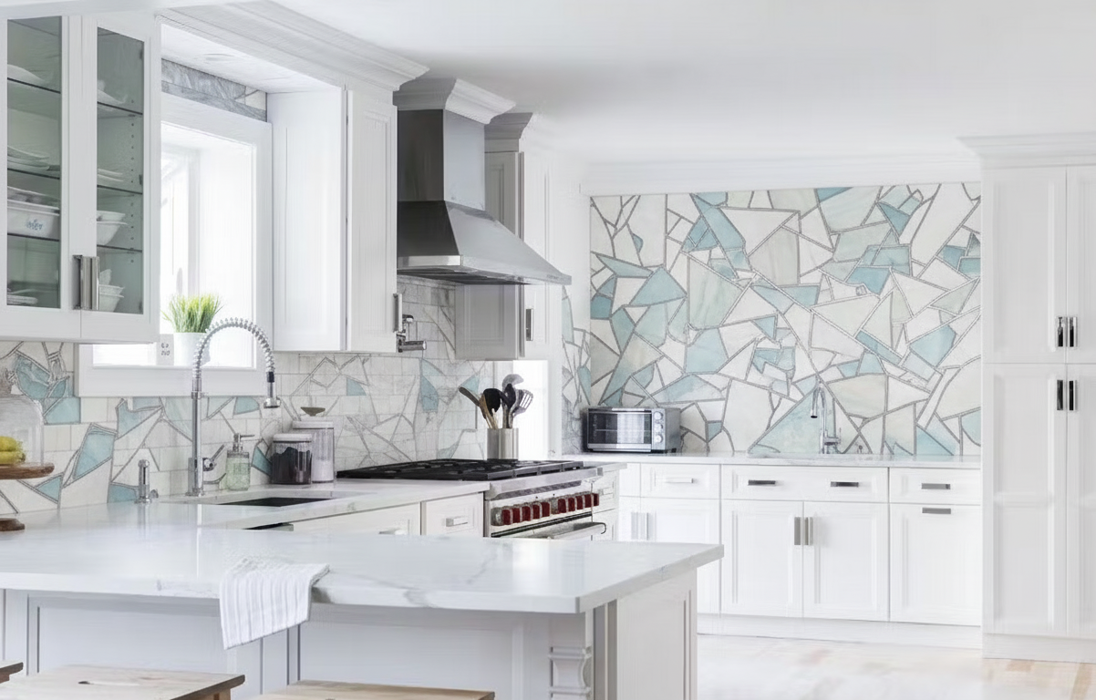 Sophisticated two-tone kitchen with navy upper cabinets and light lower cabinetry